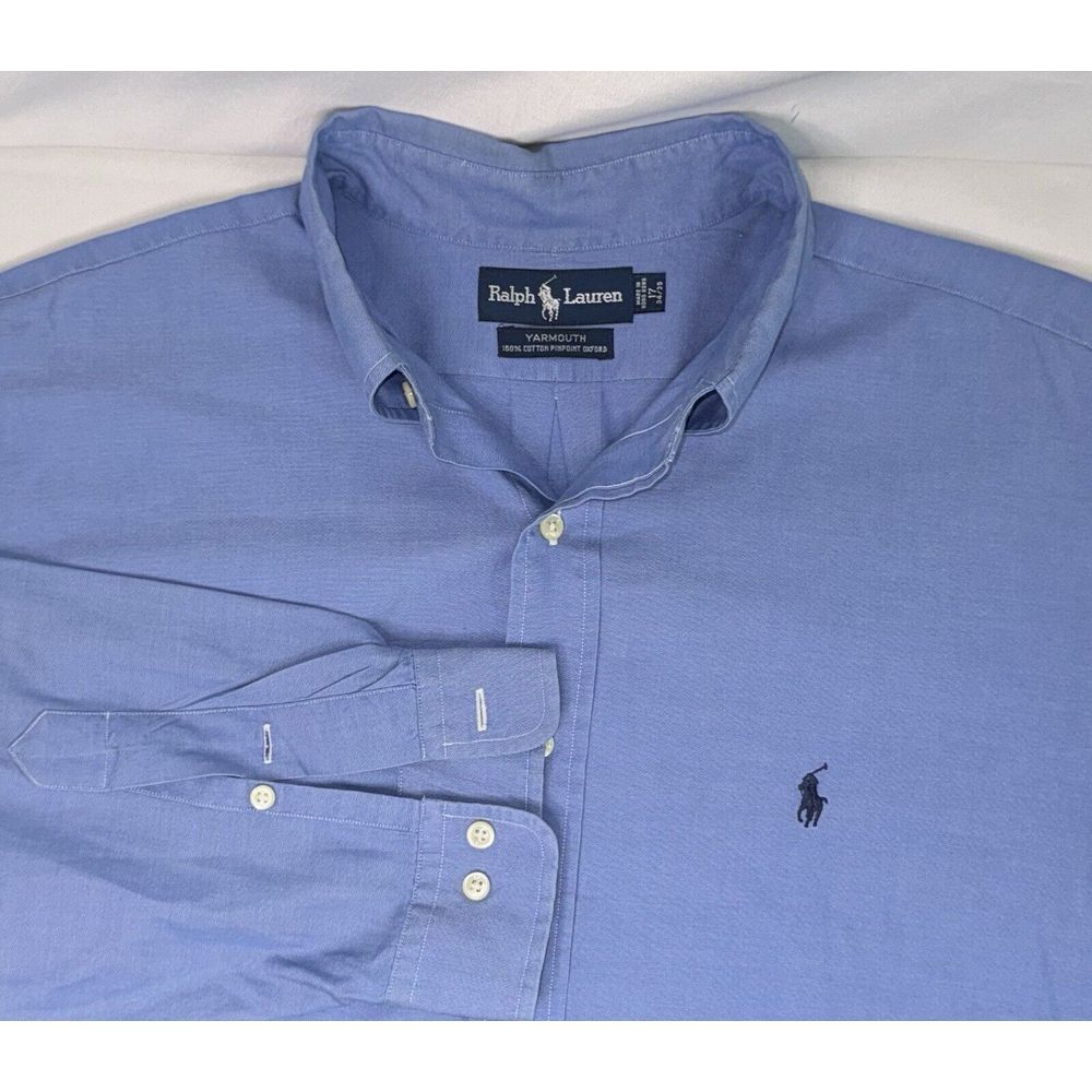 Ralph Lauren Mens Size 17 34/35 Yarmouth Pinpoint Oxford Blue Long Sleeve Button